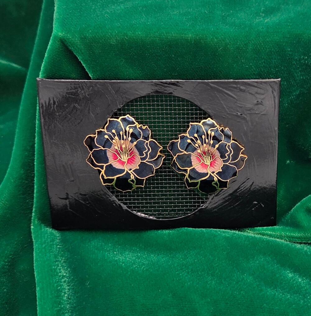 Vintage Cloisonne Enamel Flower Stud Earrings Gold Tone Peony Lotus Statement
